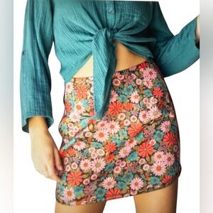 NWT New NATURAL LIFE Rachel Mini Short Teal Coral Pink Floral Skirt Large